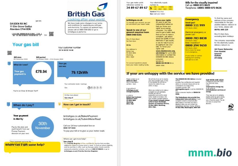 Szablon rachunku za media w Wielkiej Brytanii British Gas business w formatach Word i PDF w pełni edytowalny (2 strony) Wersja 1